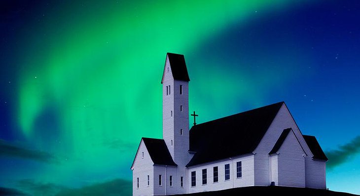 Icelandic church and northern lights