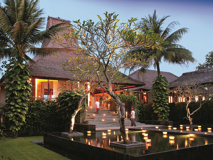 Maya Ubud Resort & Spa lobby exterior in the evening