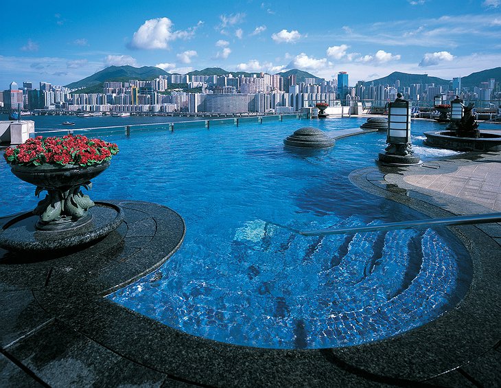 Harbour Grand Kowloon swimming pool and panorama on Hong Kong