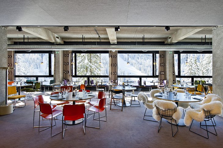 Totem Flaine Hotel restaurant with ski slope view