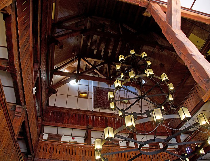 Prince of Wales Hotel's timber-framed lobby features hand-carved posts and beams.