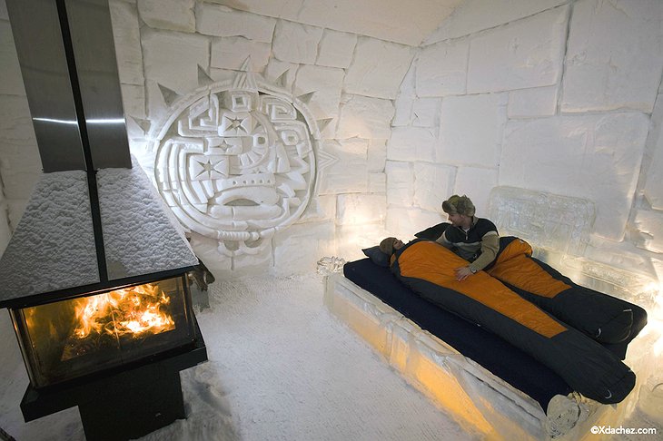 Fireplace and people sleeping in the ice room