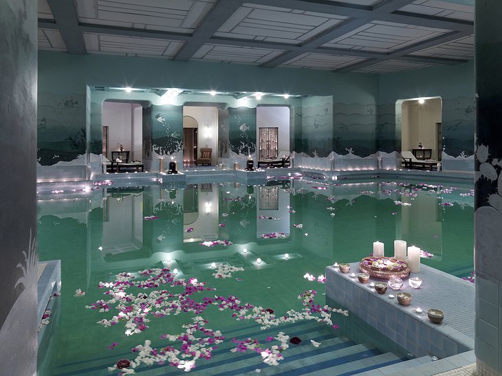 Umaid Bhawan Palace inside swimming pool with flowers floating