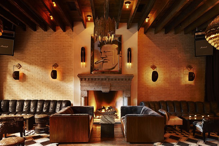 The Ludlow Hotel lobby with modern wall art