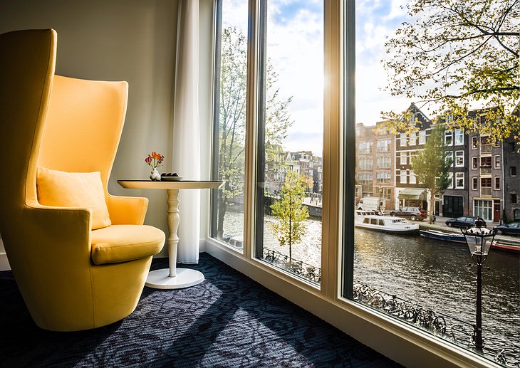 Amsterdam canal view from a design chair