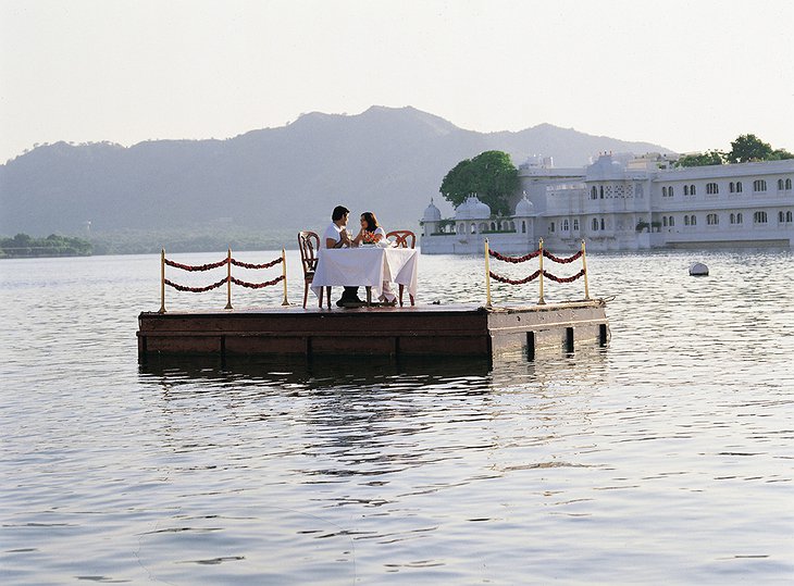 Romantic dining on a floating platform on the lake