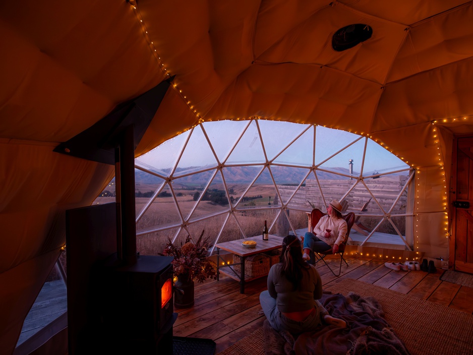 Valley Views Glamping Dome Fireplace at Night & Wine Drinking
