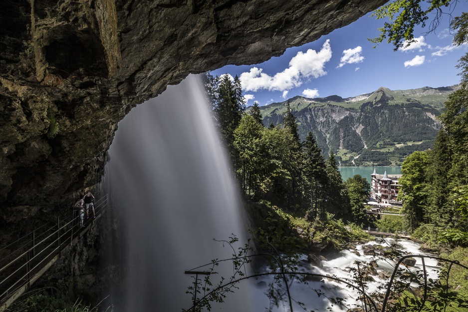 Giessbach Waterfalls with view on the Grandhotel