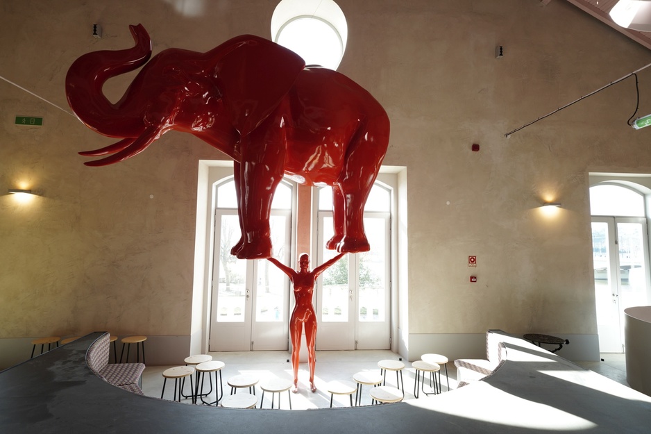 ZERO Box Lodge Coimbra - Art Installation of an Elephant Help by a Woman