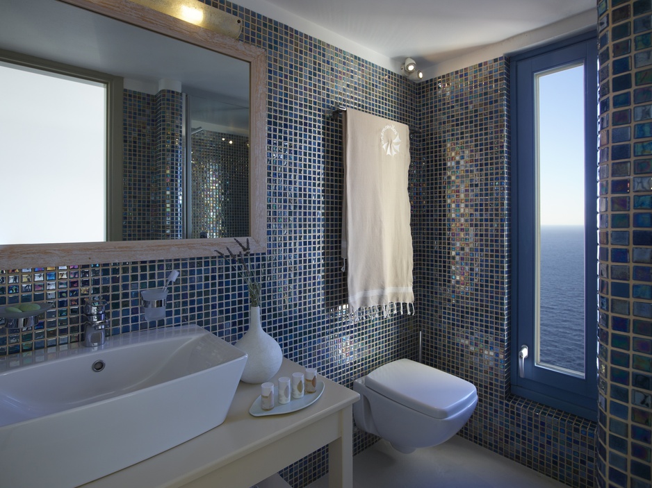 Anemomilos Boutique Hotel Bathroom With Mosaic Tiles and Window to the Sea