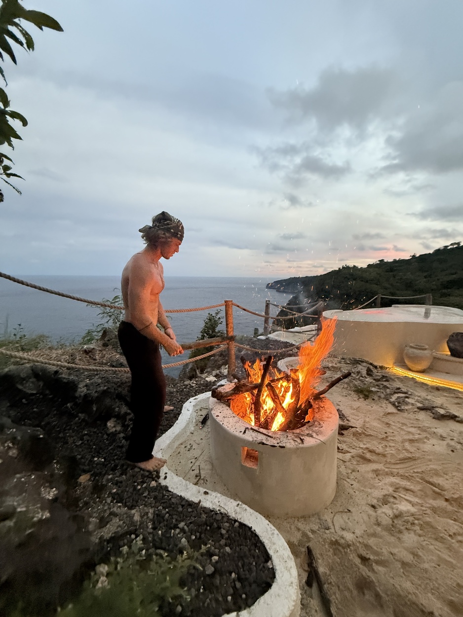 Tropical Glamping Bali - Honeymoon Villa Fireplace at Night