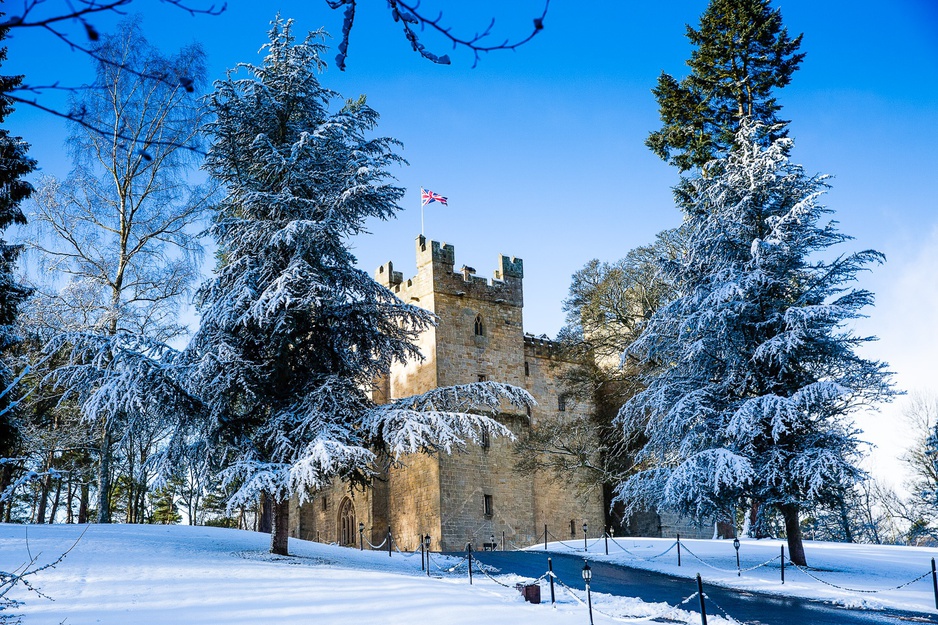 Snowy Langley Castle Hotel