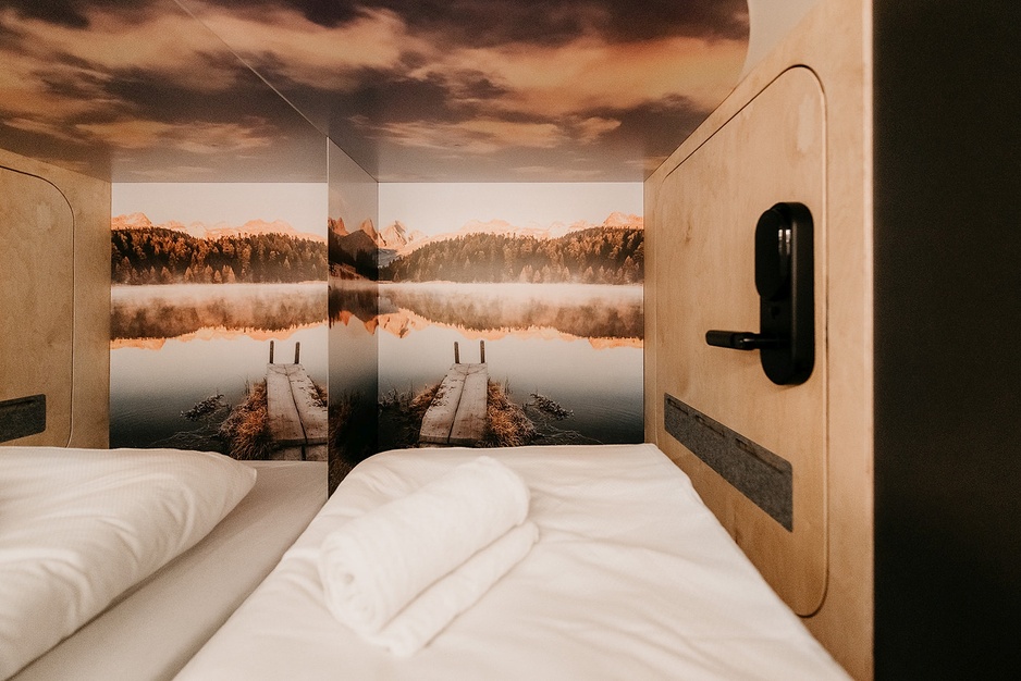 Capsule Hotel Copenhagen Capsule Interior with Wallpaper