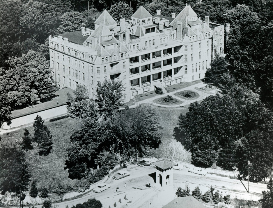 Antique black and white photo of the Crescent Hotel