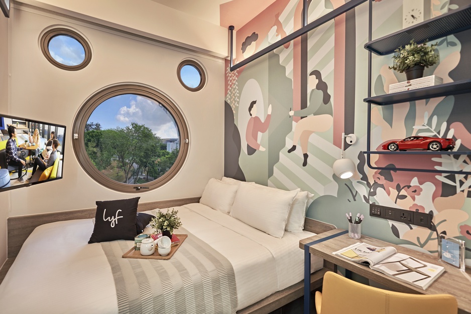 lyf one-north Singapore One of a Kind Studio Bedroom With Rounded Windows