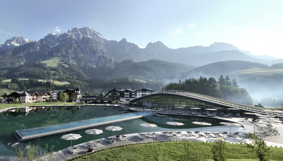 Krallerhof Spa Hotel Complex With an Infinity Pool Floating in the Lake