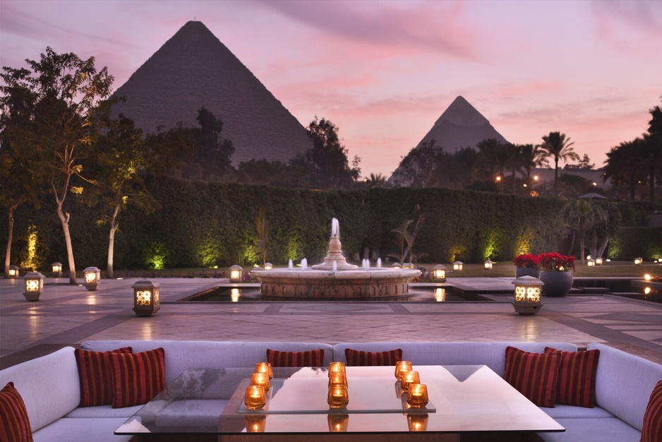 Marriott Mena House Hotel Garden Fountain & Pyramids in the Background