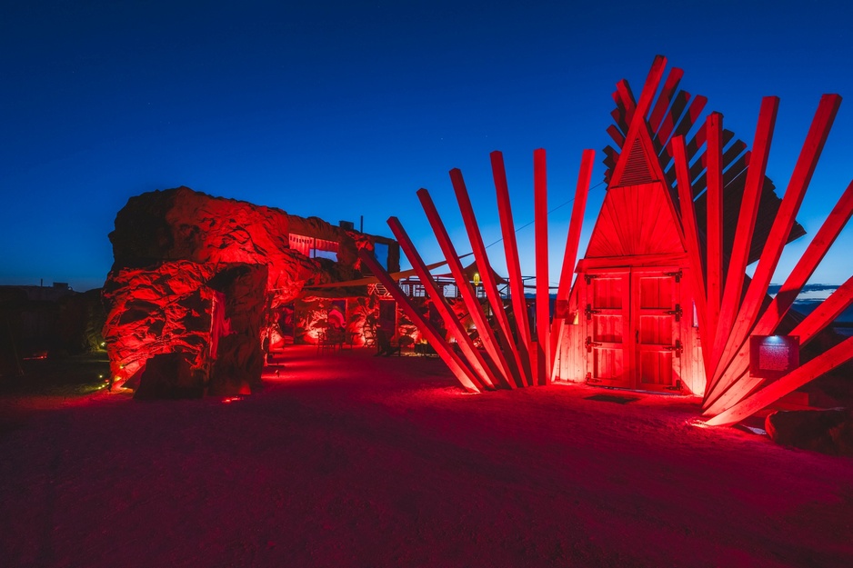 Outpost X Common Areas at Night lit in Red