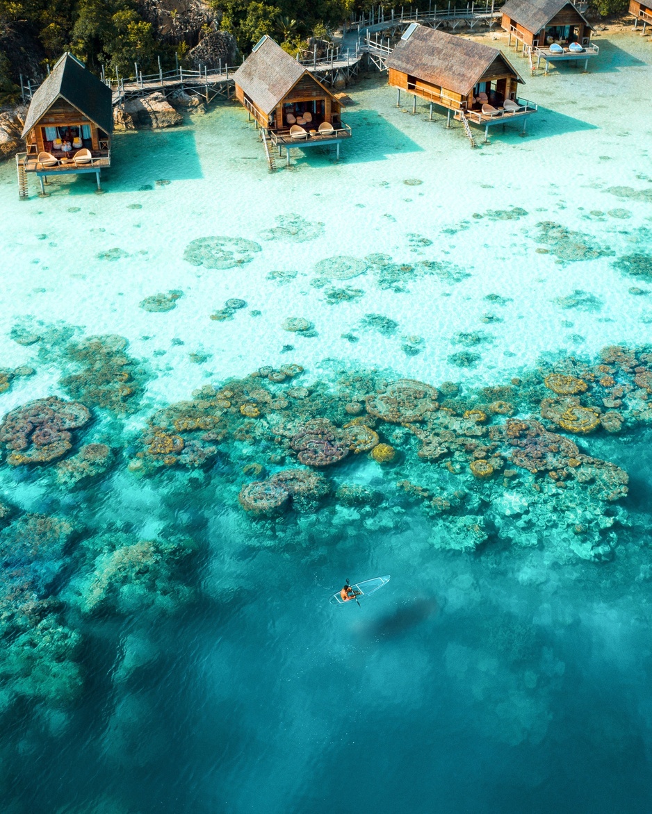 Bawah Reserve - Aerial Clear Kayaking Coral Reefs Lagoon and Overwater Suites
