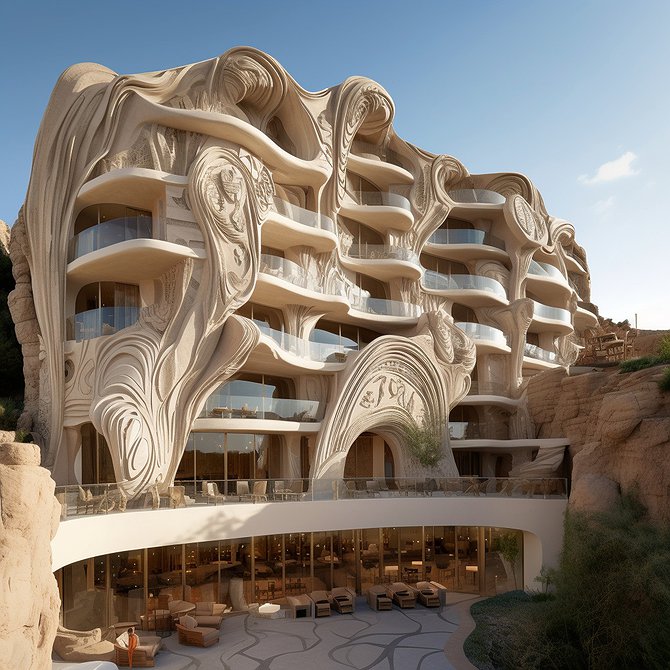 AI-Generated building carved into stone