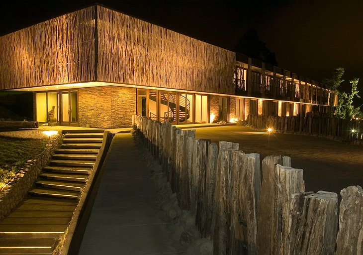 Arrebol Patagonia Hotel entrance at night