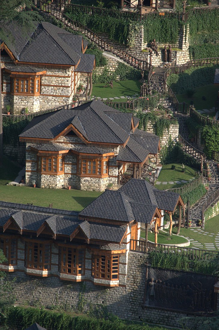 The Himalayan Village Resort traditional rock and wood architecture