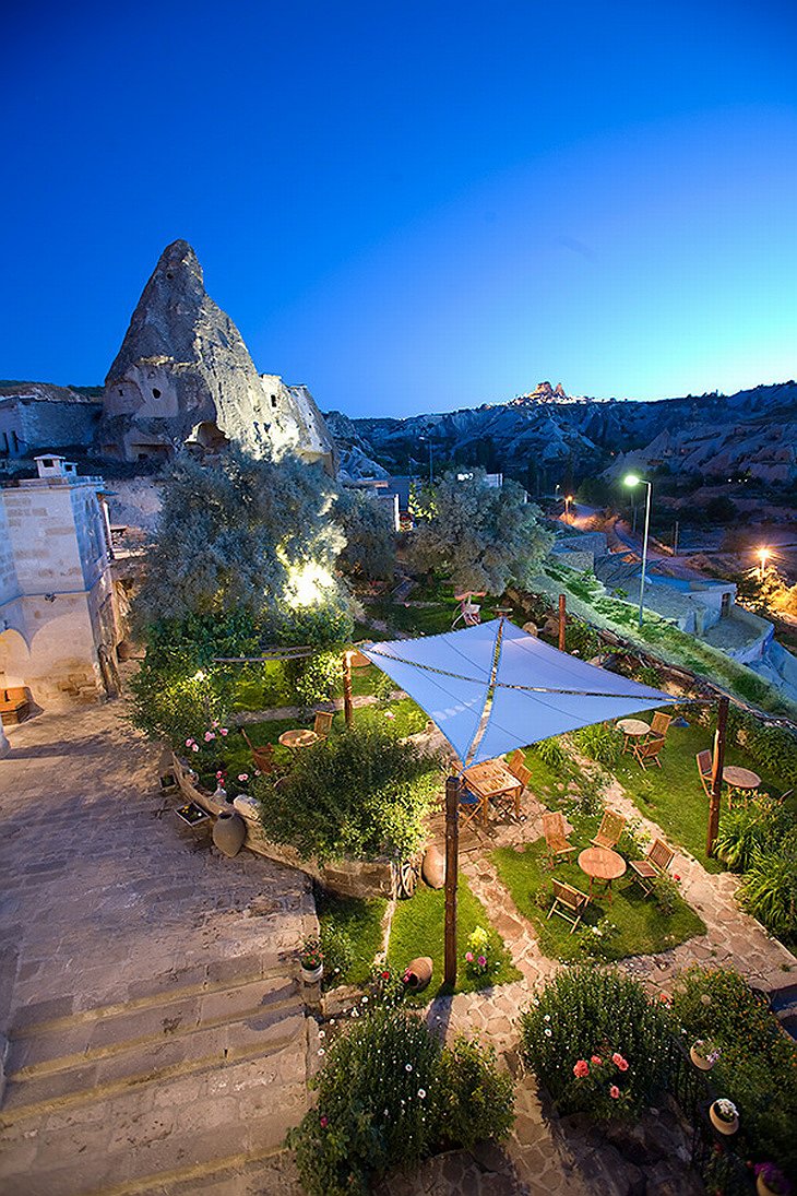 Kelebek Cave Hotel garden top view at night