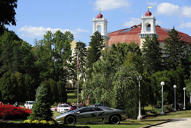 Lamborghini super car and the West Baden Springs hotel