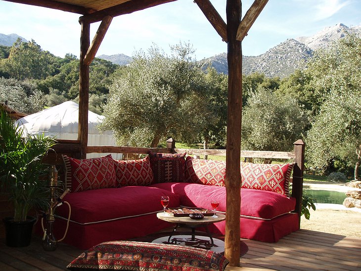 The Hoopoe Yurt Hotel pool pergola