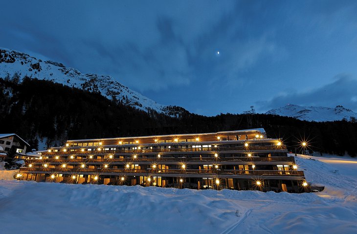 Nira Alpina exterior at night during winter