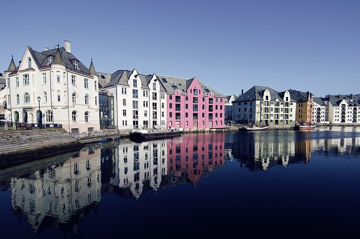 Alesund harbour with historical buildings