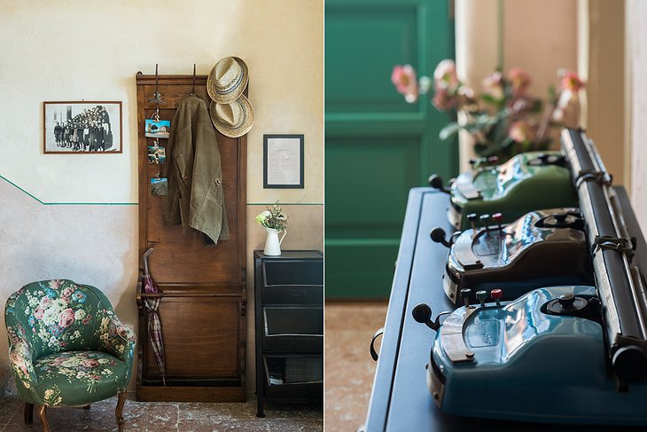 La Scuola Guesthouse entrance and vintage telephones