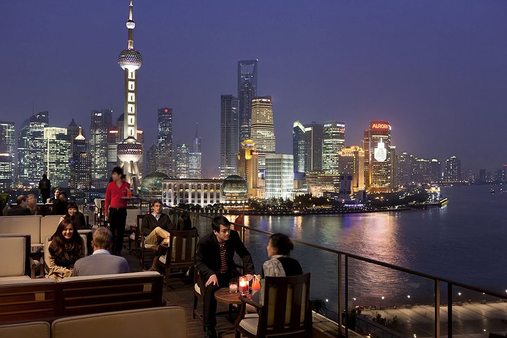 The Peninsula rooftop terrace with Shanghai skyline panorama