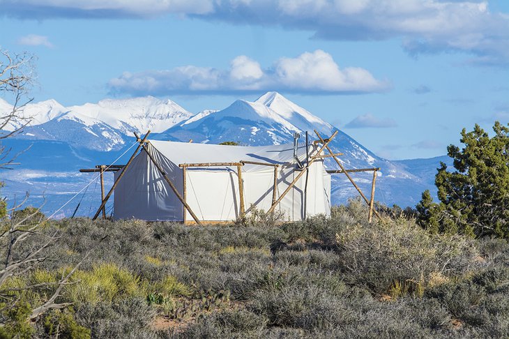 Tent with La Sal Mountains in the background