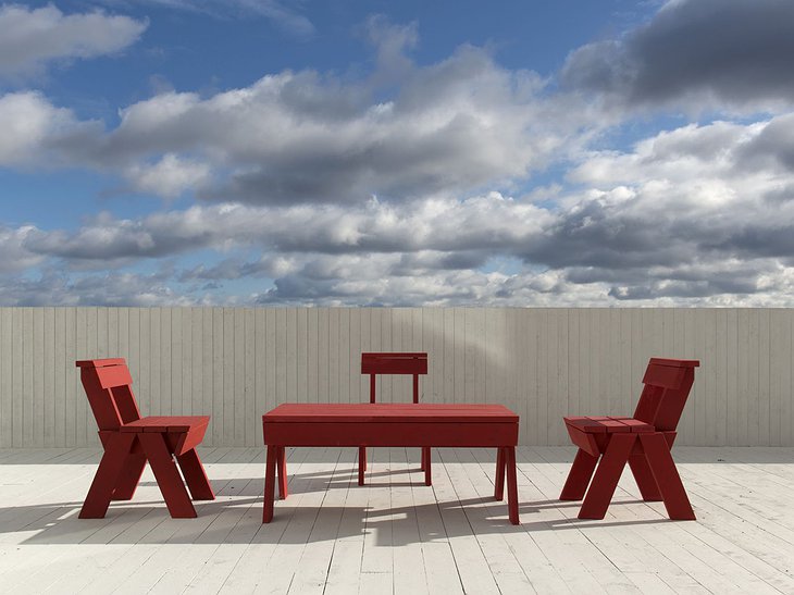 Fogo Island Inn terrace red design chairs