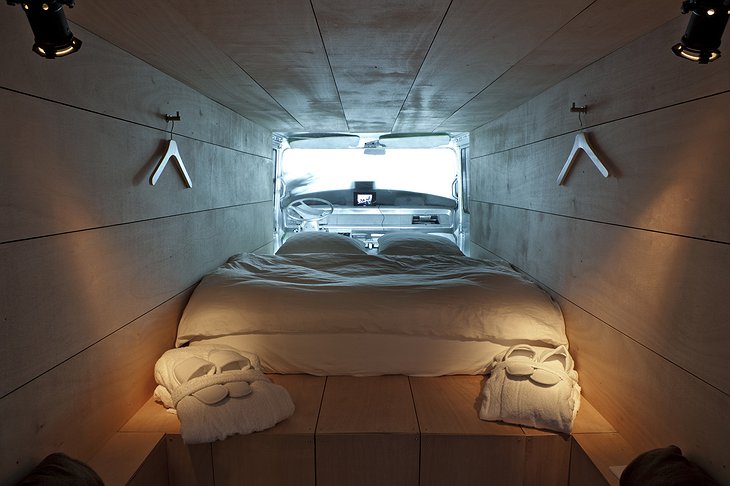 Converted van interior as hotel room