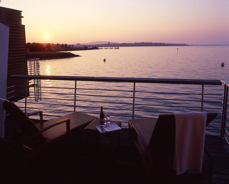 Hotel Palafitte terrace at sunset