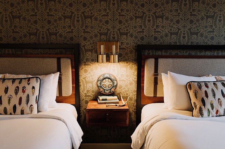 Hewing Hotel Twin Room Wallpaper and Bed Design