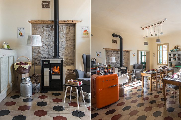 La Scuola Guesthouse fireplace and dining room
