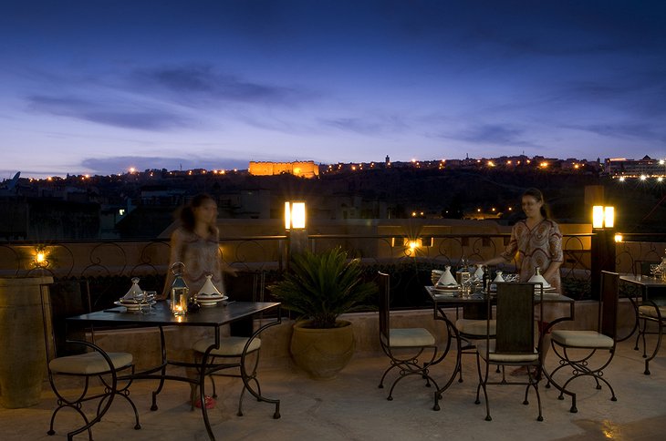 Riad Laaroussa terrace at night