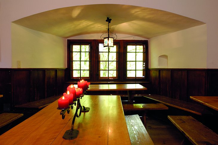 Dining room in the castle with big windows