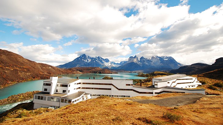 Hotel Salto Chico Explora Patagonia building complex and the Andes in the background