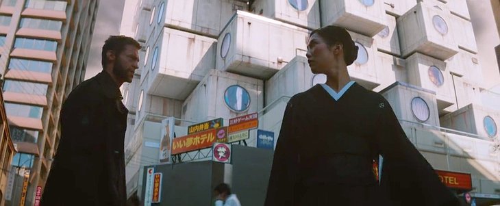 The Wolverine movie with Nakagin Capsule Tower in the background