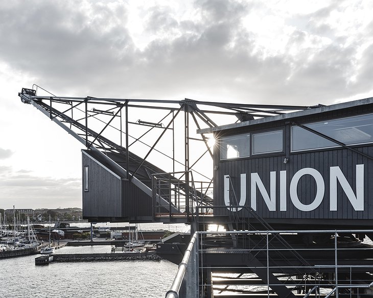 TheKrane UNION sign on the top structure of the crane