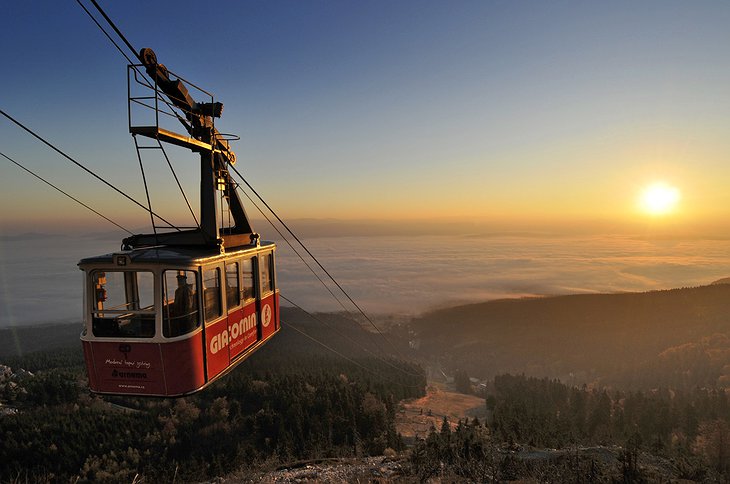 Cable car going up the Ještěd Mountain
