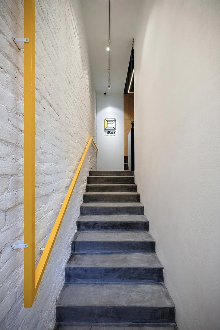 inBox Capsule Hotel Saint Petersburg entrance stairs