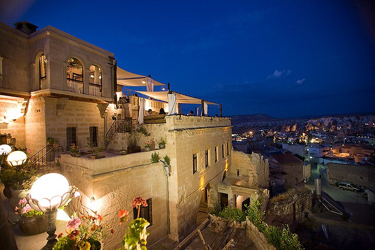 Kelebek Cave Hotel and view on Goreme in Turkey