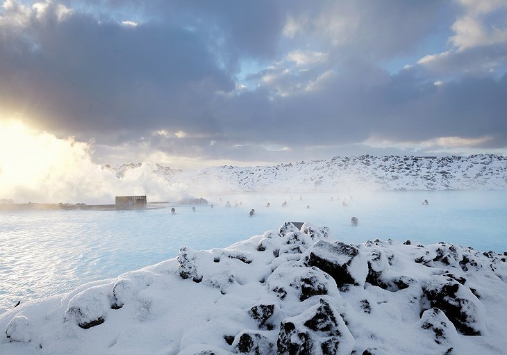 Blue Lagoon with snow and people