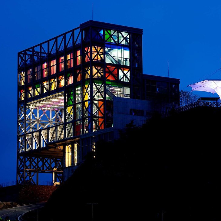 Haslla Art World Museum Hotel colorful facade at night