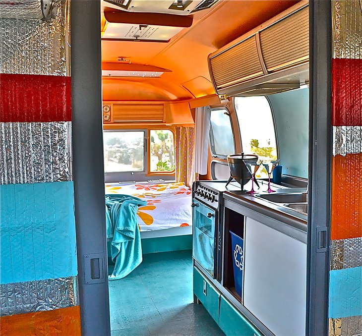Orange Stripe Airstream kitchen